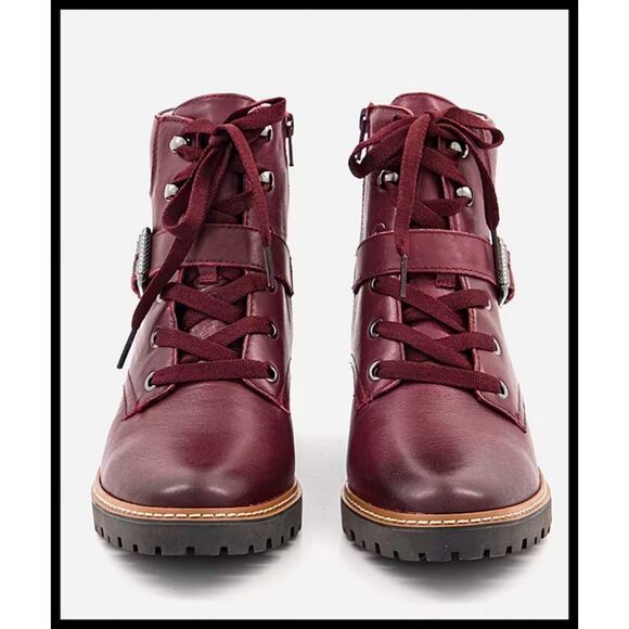 Naturalizer Tia Ankle Combat Boots Lug Sole Zipper Lace Up Burgundy Maroon 9.5 - Picture 3 of 14